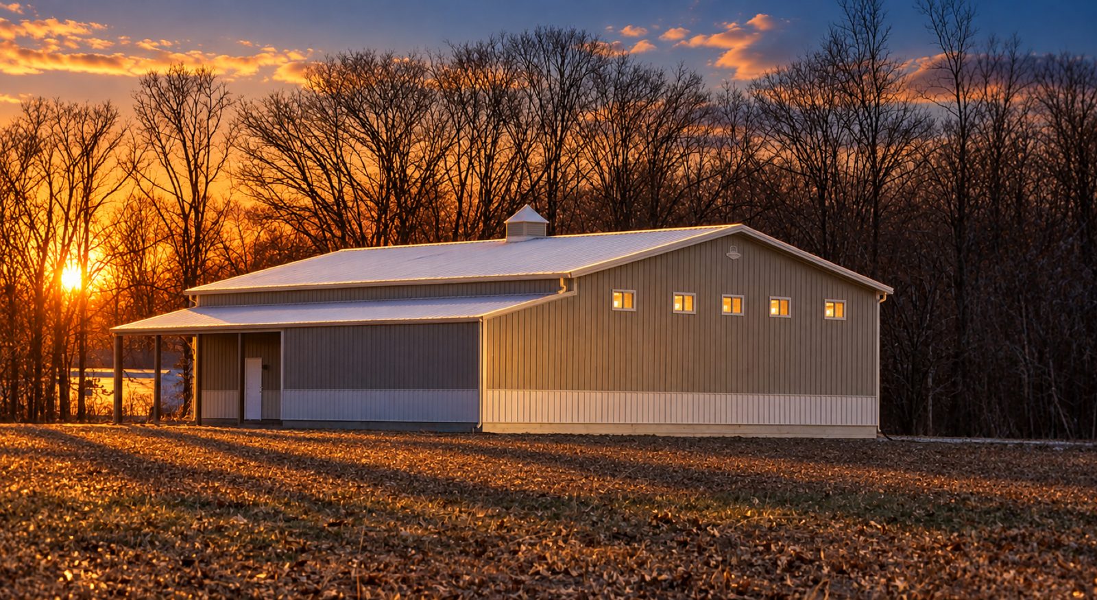 Agricultural post-frame building on a rural Illinois field