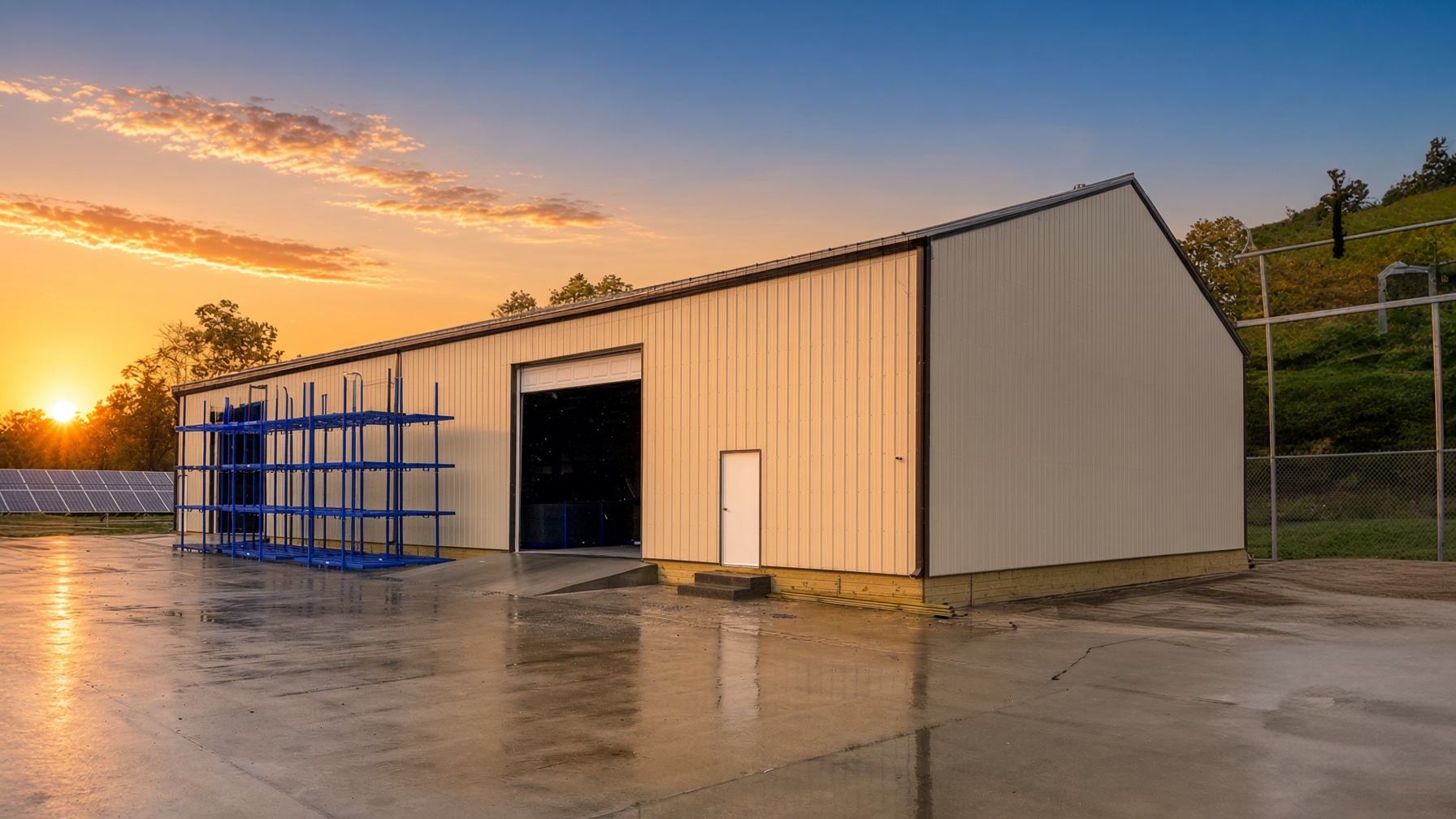 Commercial post-frame warehouse with a loading dock and overhead door