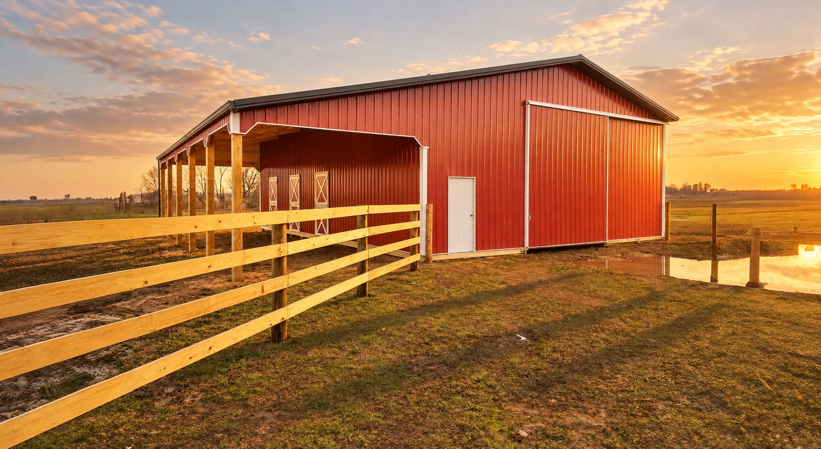 Red post-frame barn with fenced paddock