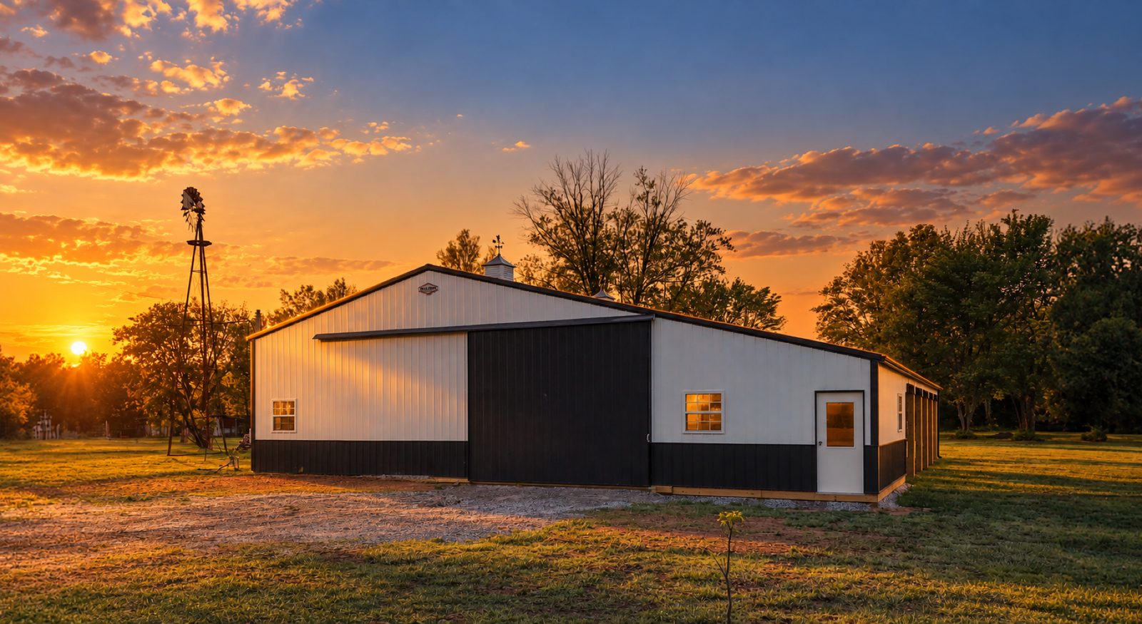 White barn with a black center section and a windmill