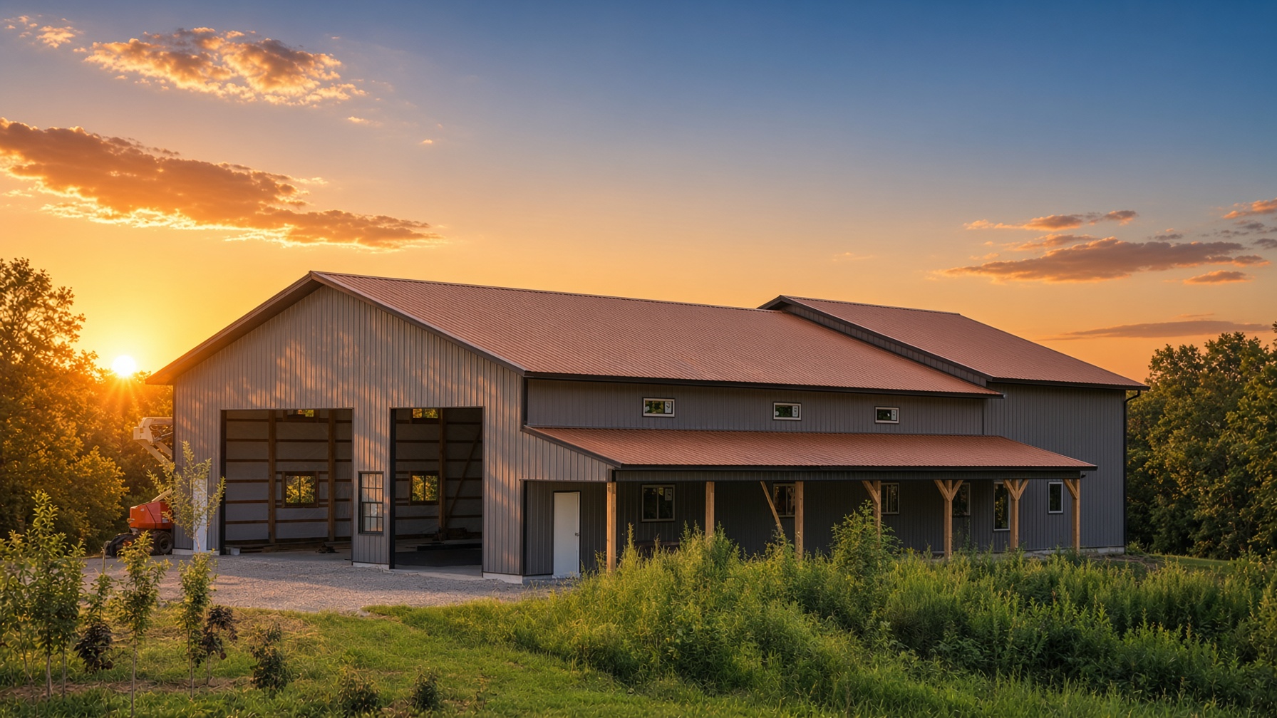 Dark gray post-frame home with an orange metal roof, two bays and a covered porch at sunset