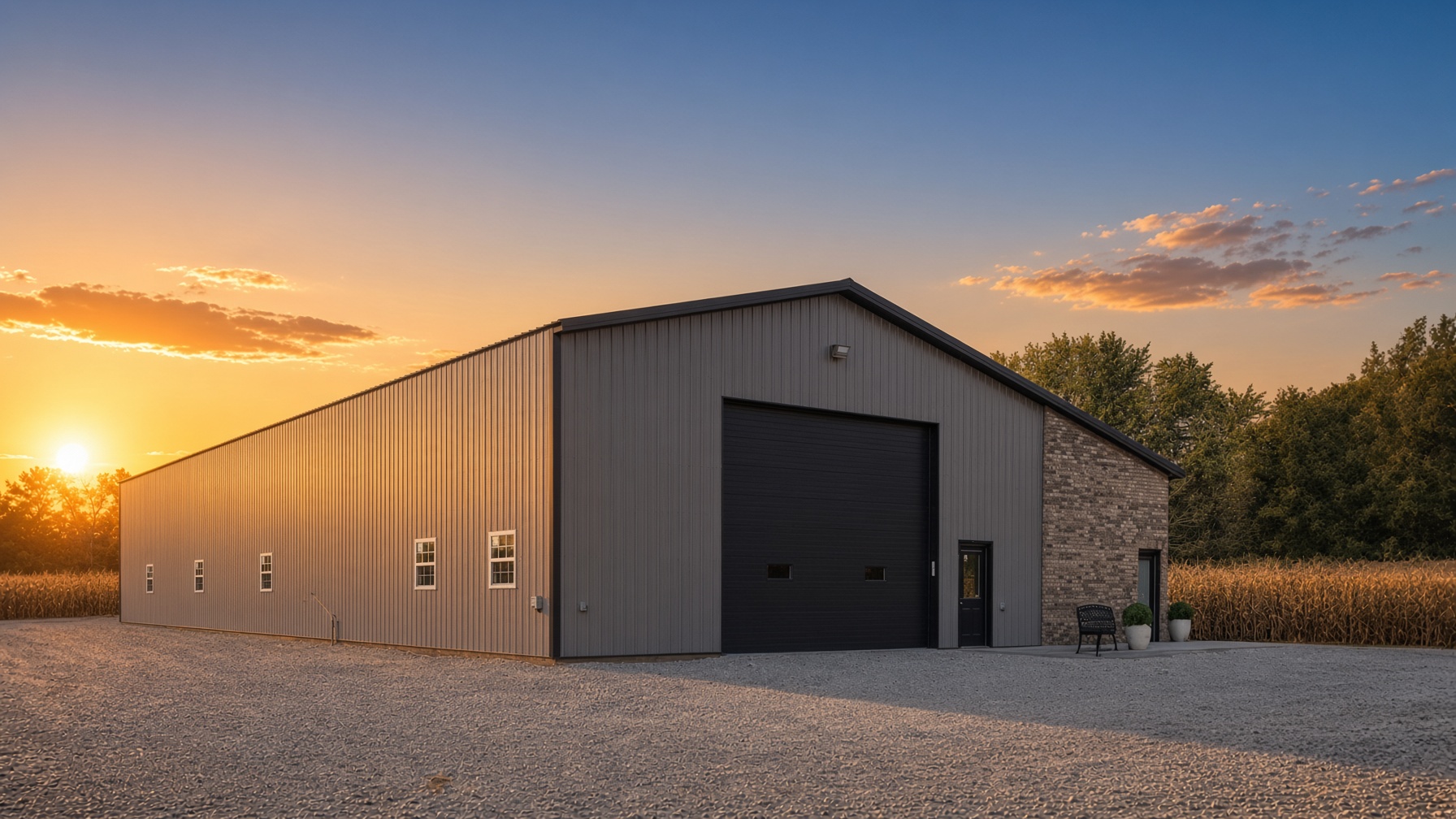 Gray post-frame building with a black overhead door and a brick wing at sunset