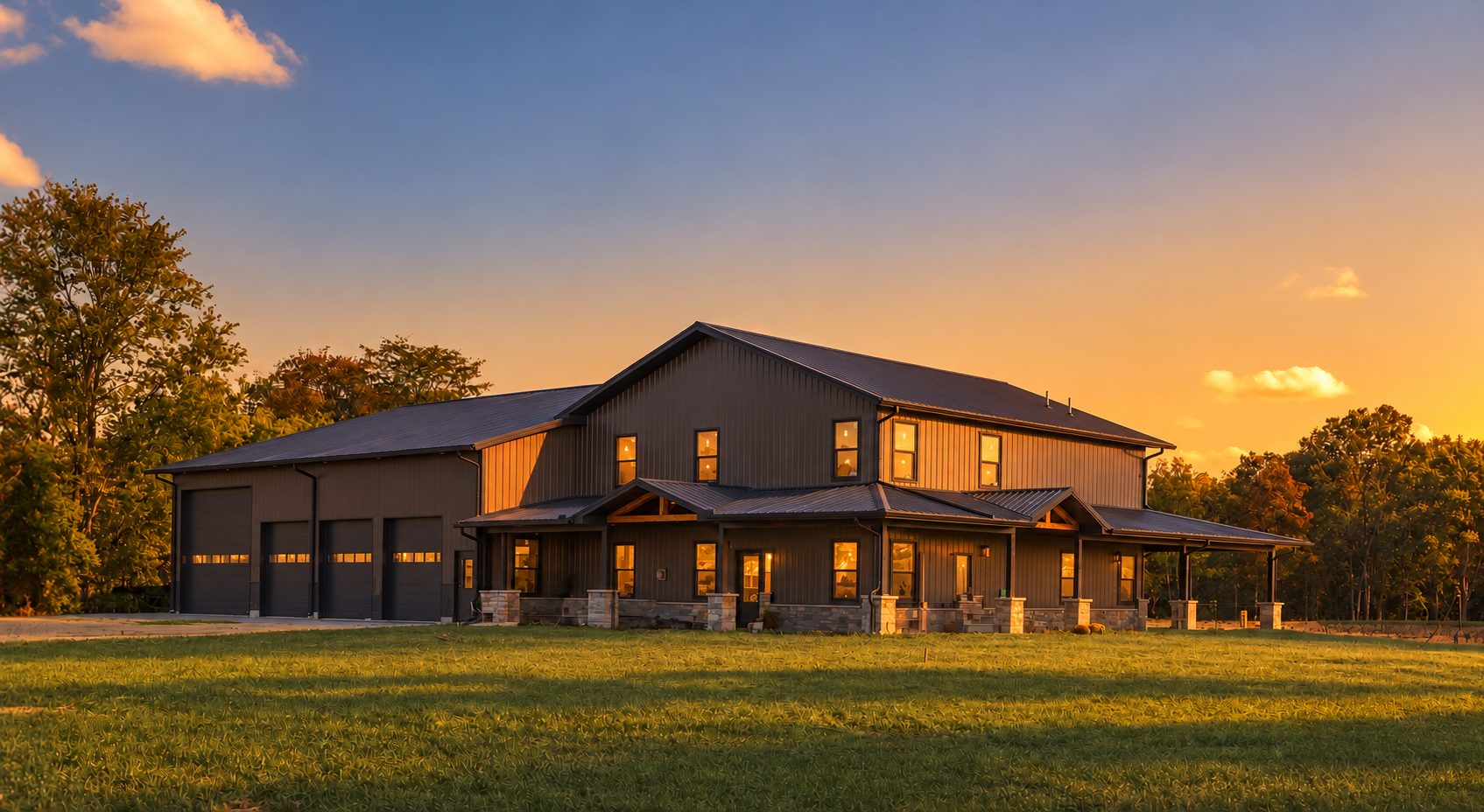 Dark gray two-story barndominium with a four-bay garage and covered porch at sunset, lit windows