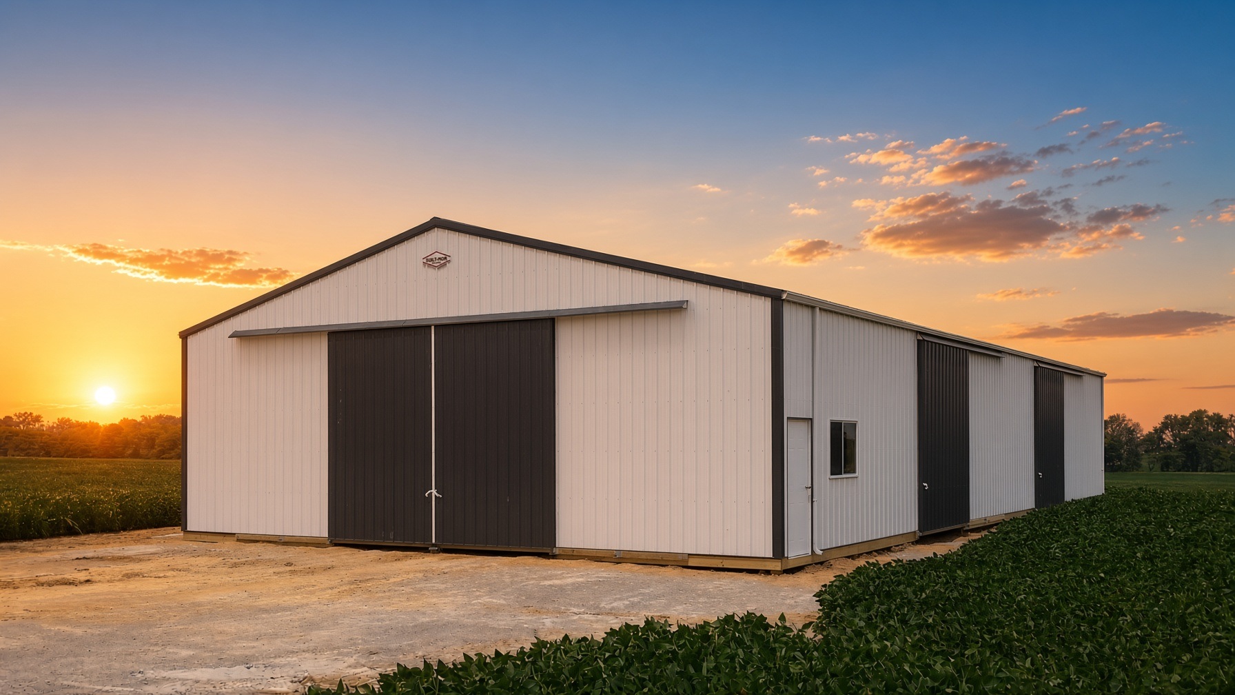 Large white farm building with two dark sliding doors